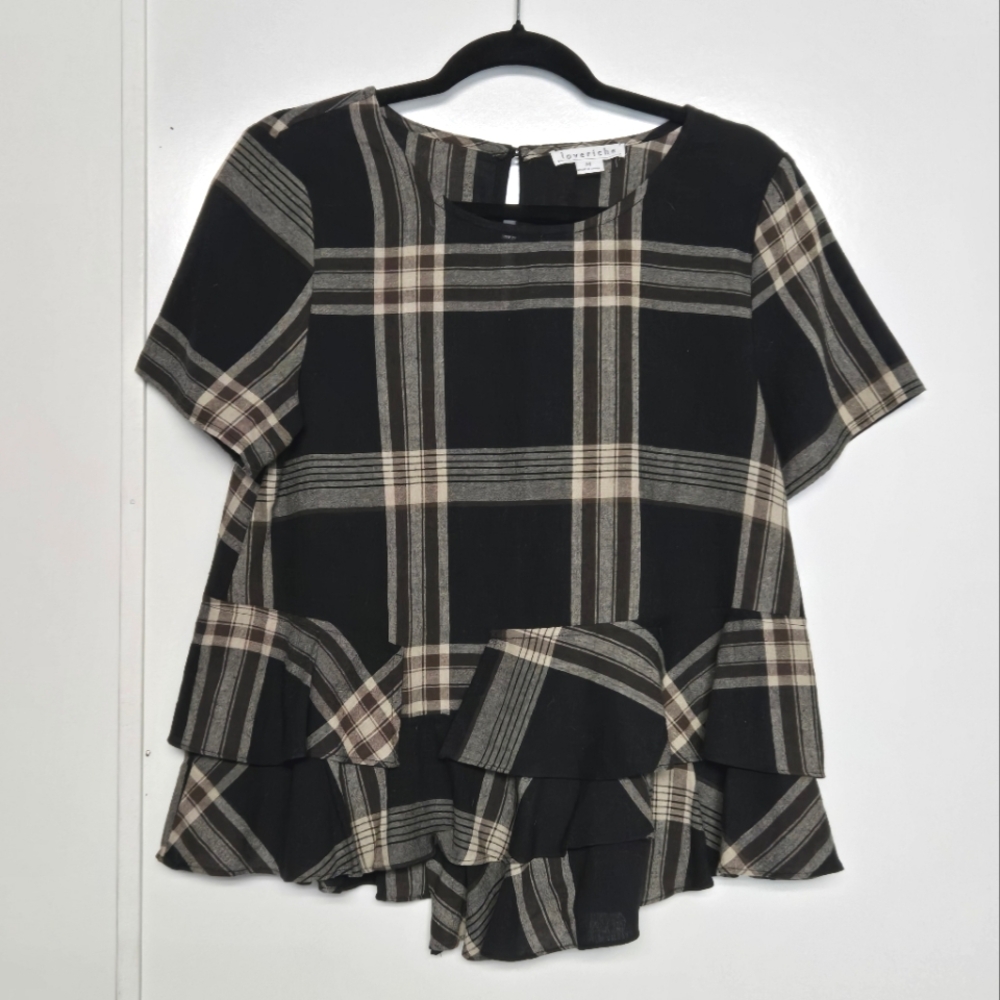 Loveriche Cotton Short Sleeve Plaid Print Ruffle Hem Blouse 18" PTP, 23" Length